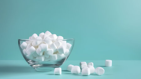 White marshmallows in a glass bowl on a turquoise backgroundの素材