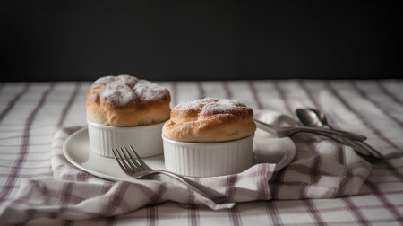 Cream puffs with sugar powder on a dark background. Selective focus.の素材