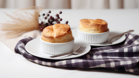 Cream puff on a white plate with a plaid napkinの素材