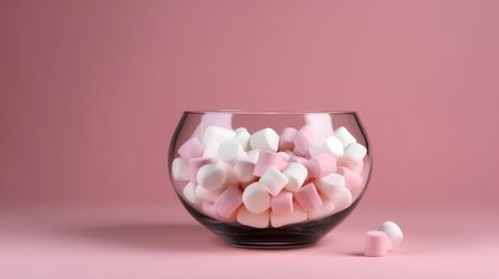 White and pink marshmallows in a glass vase on a pink backgroundの素材