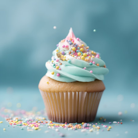 Cupcake with colorful sprinkles on blue background, closeupの素材