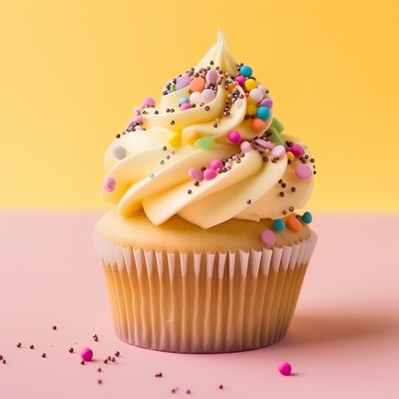 Cupcake with colorful sprinkles on a pink and yellow backgroundの素材
