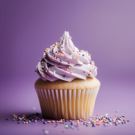 Cupcake with pink buttercream frosting and colorful sprinkles on violet backgroundの素材