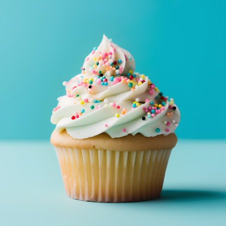 Cupcake with white frosting and colorful sprinkles on blue backgroundの素材