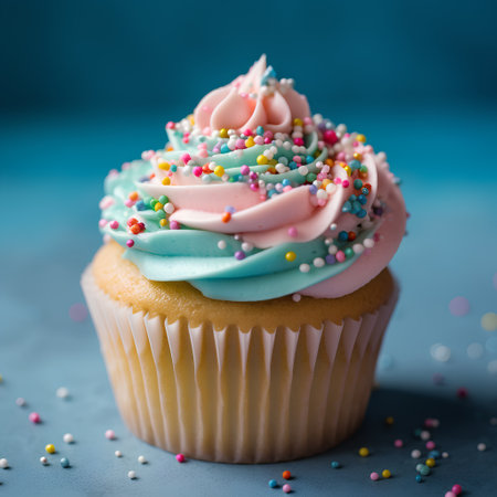 Cupcake with pink frosting and colorful sprinkles on blue backgroundの素材
