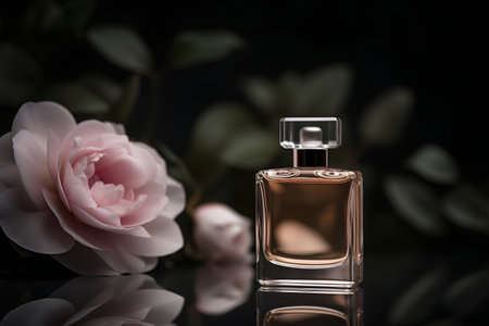 Perfume bottle with pink flower on black background. Perfumery and cosmetics conceptの素材