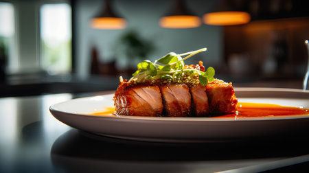 Tuna fillet with sauce on a plate in a restaurant.の素材