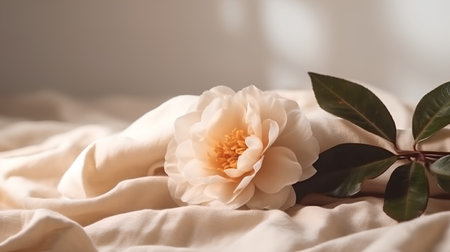 Beautiful white camellia flower on the bed, soft focusの素材