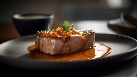 Sliced Tuna Fillet with Tamarind Sauce on Black Plateの素材