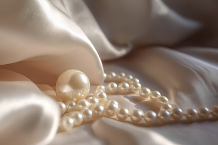 Pearl necklace on white satin background, soft focus, shallow DOFの素材
