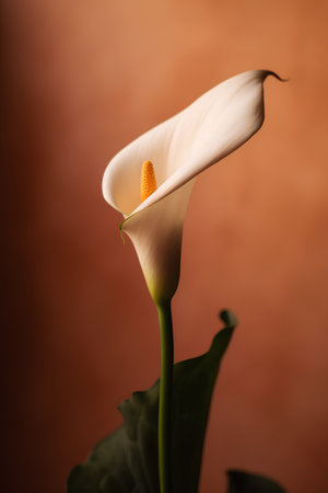 Beautiful calla lily flower on brown background, close upの素材