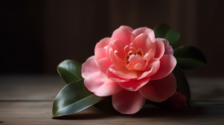 Camellia flower on wooden background, shallow depth of fieldの素材