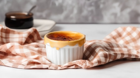 Creme brulee in a small white cup on a kitchen towelの素材