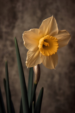 Beautiful yellow daffodil flower on a dark background.の素材