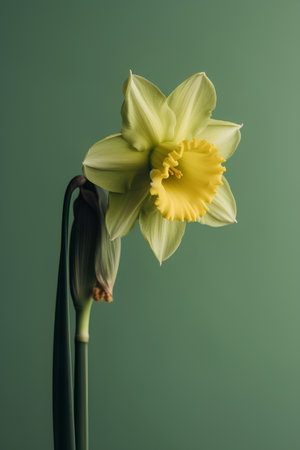Yellow daffodil on dark green background. Studio shot.の素材