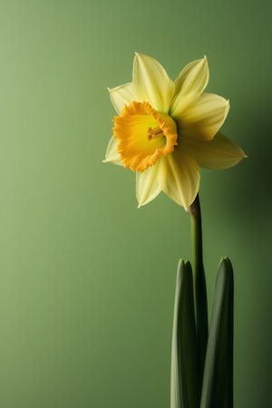 Yellow daffodil flower on green background. Spring concept.の素材