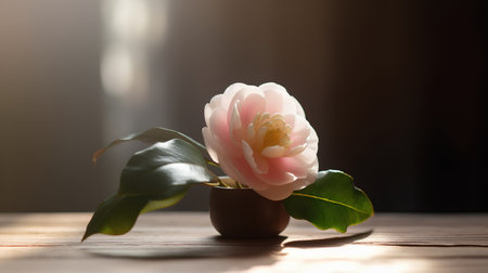 Camellia flower in a clay pot on a wooden tableの素材