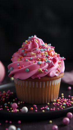 Cupcake with pink cream and sprinkles on a black backgroundの素材