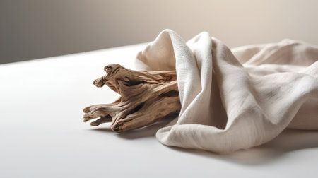 Dry tree roots on a white tablecloth, close-upの素材
