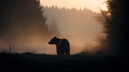 Silhouette of a brown bear in the forest at sunrise.の素材