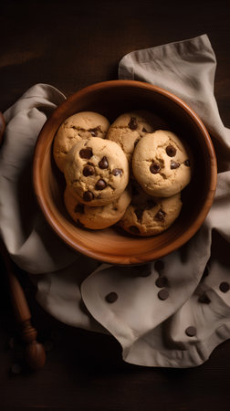 Chocolate chip cookies in a clay bowl on a wooden background.の素材