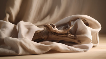 Wooden driftwood on a beige fabric. Selective focus.の素材