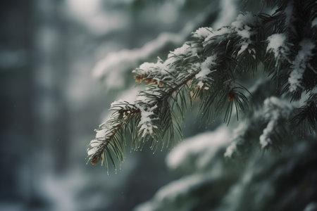 Pine branches covered with snow in winter forest. Christmas background.の素材