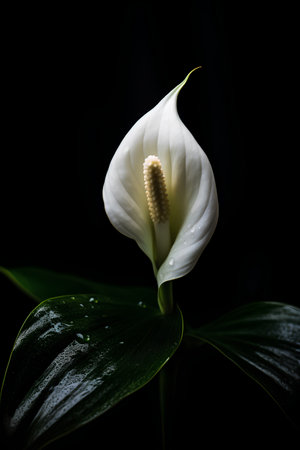 White Spathiphyllum flower on a black background.の素材