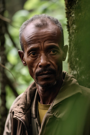 Portrait of an elderly African man in the jungle of Africa.の素材
