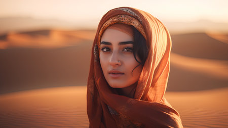 Portrait of a beautiful young muslim woman in the desert.の素材