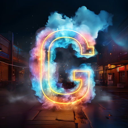 Glowing letter G in a night city. 3D Renderingの素材
