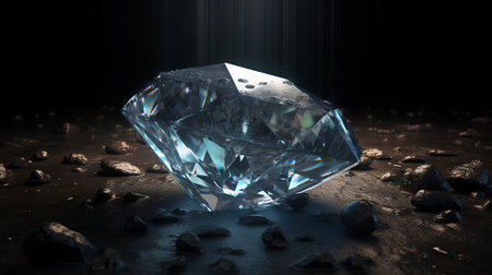 3D rendering of a blue diamond on a dark background with highlightsの素材