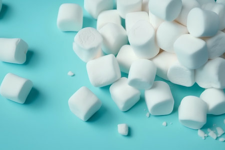 White marshmallows scattered on a blue background, close-upの素材