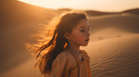 Little girl in the desert at sunset. Little girl with long hairの素材