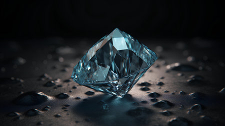 Diamond on black background with water drops. 3d render illustration.の素材