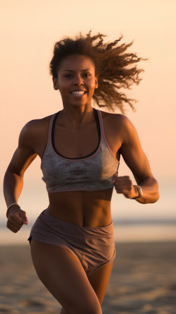 Portrait of young african american woman running on beach at sunriseの素材