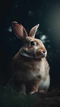 Cute brown rabbit on dark background. Retro toned image.の素材