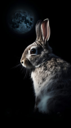 Cute gray rabbit with full moon on black background. Halloween concept.の素材