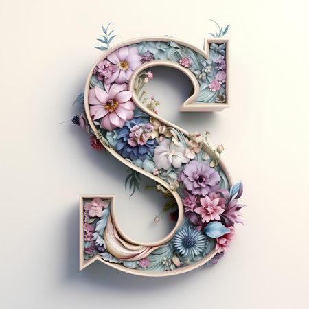 3D decorative letter S with flowers and leaves. 3D renderingの素材