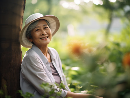 Portrait of senior asian woman smiling and looking at camera in gardenの素材