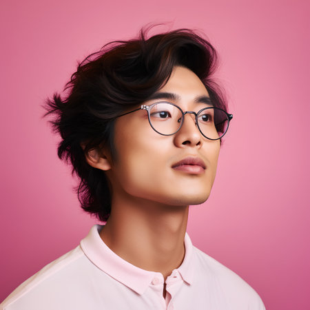 Thoughtful young Asian man in glasses looking away while standing against pink backgroundの素材