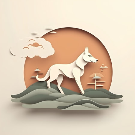 Paper art style illustration of a dog standing on a hill with trees.の素材