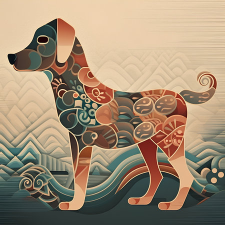 Retro style illustration of a dog with abstract ornament on the backgroundの素材