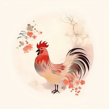 Chinese New Year card with rooster and cherry blossom. Vector illustration.の素材