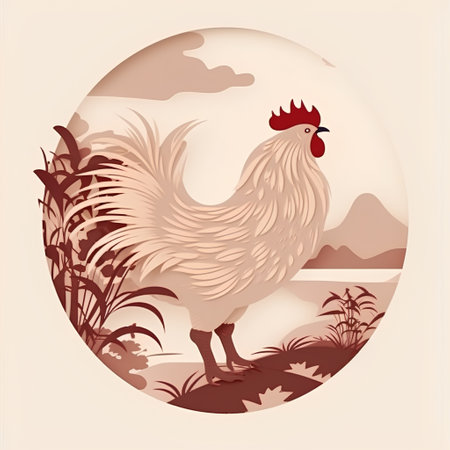 Vector illustration of rooster on the background of the landscape with grass.の素材