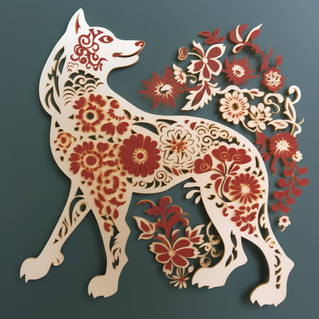 Chinese paper-cut style dog with floral ornament. Vector illustration.の素材