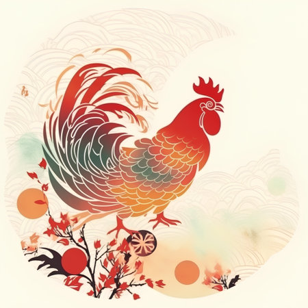 Vector illustration of a rooster on a background of autumn landscape.の素材