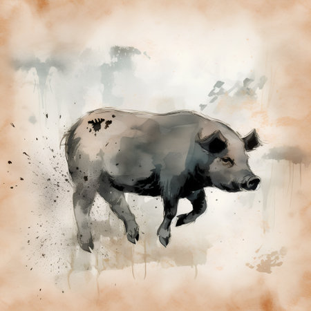 Watercolor illustration of a pig on a grunge background with splashesの素材