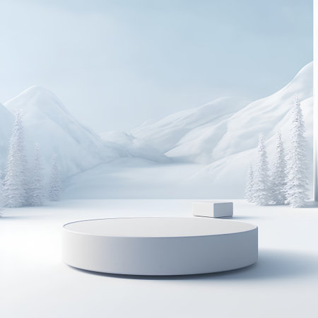 3D render of a white podium in a snowy winter landscape.の素材