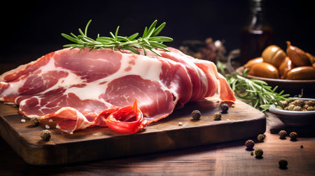 Italian prosciutto crudo or jamon with herbs and spices on wooden cutting boardの素材